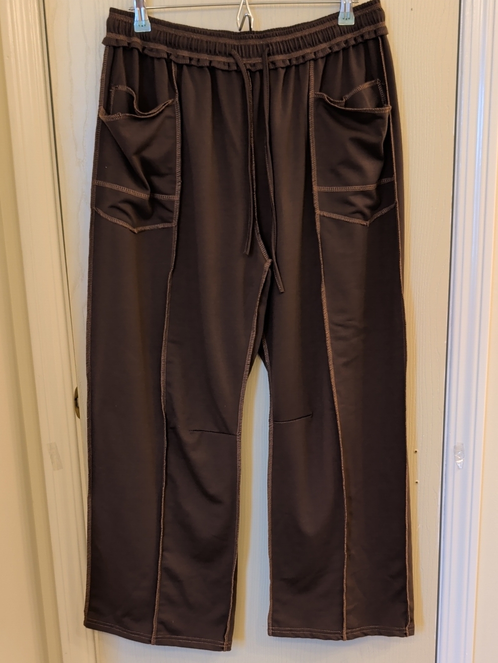 Women’s Brown Lounge Pants | Elastic Drawstring Waist | Casual Pocket Pants | L